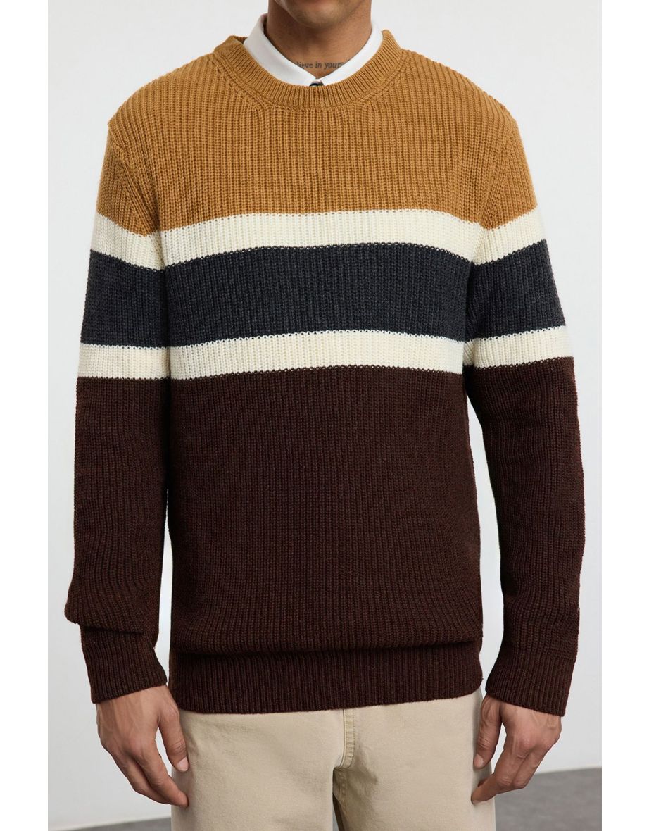 Camel Men's Slim Fit Crew Neck Panelled Knitwear Sweater - 5