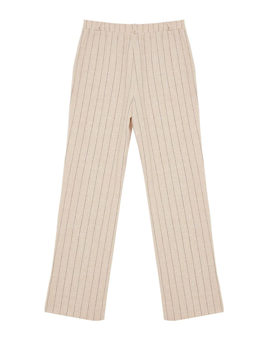 Beige Striped Linen Blend Woven Trousers - 7
