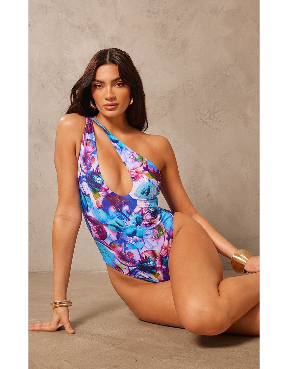 Blue Blurred Fruit Print One Shoulder Cut Out Swimsuit