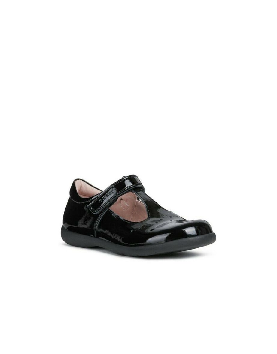Geox Girls Naimara T-Bar Leather Ballerina Flats - Black Patent