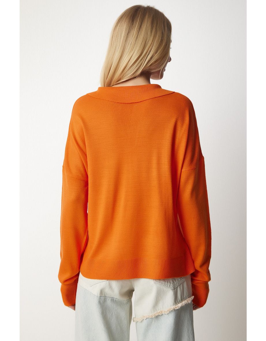 Women's Orange Polo Neck Basic Sweater - 3