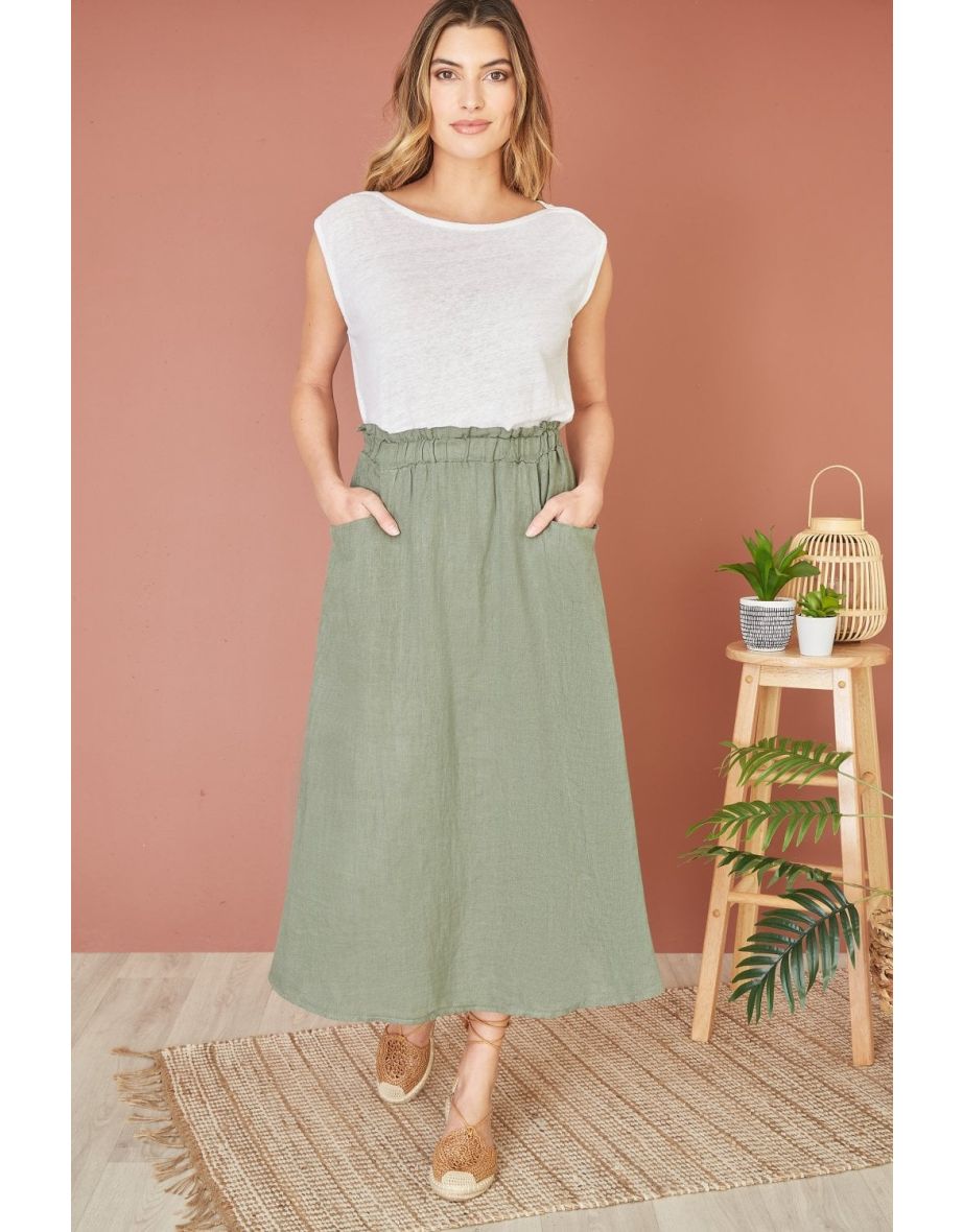 Shop Yumi Khaki Italian Linen Midaxi Skirt With Pockets Online in Oman VogaCloset