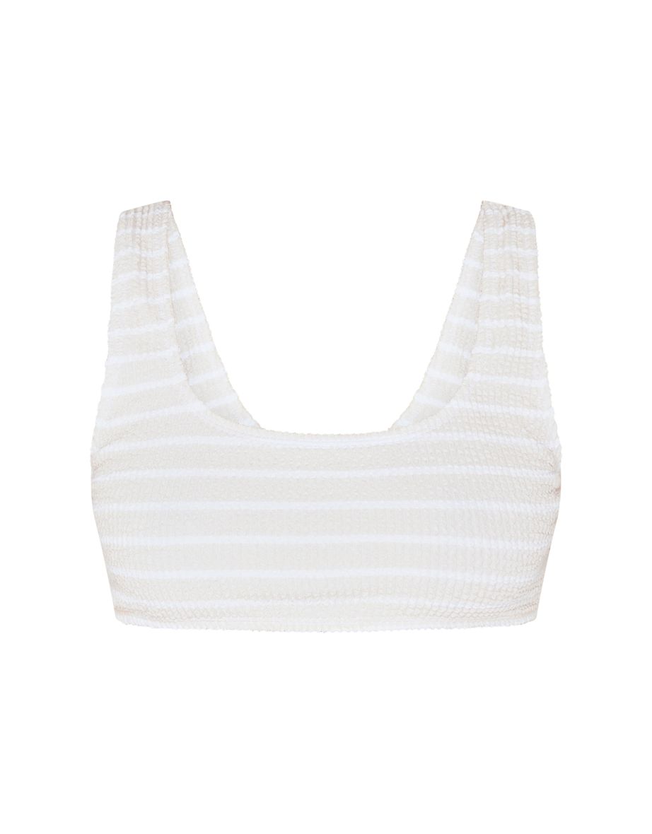 Cream Striped Crinkle Square Neck Bikini Top - 4