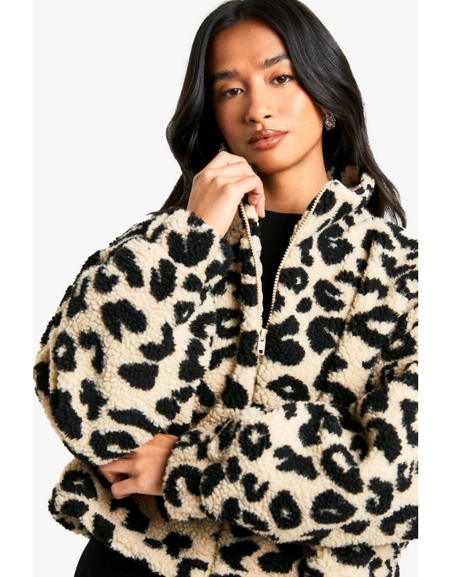 Petite Boxy Leopard Print Teddy Bomber Jacket - 3