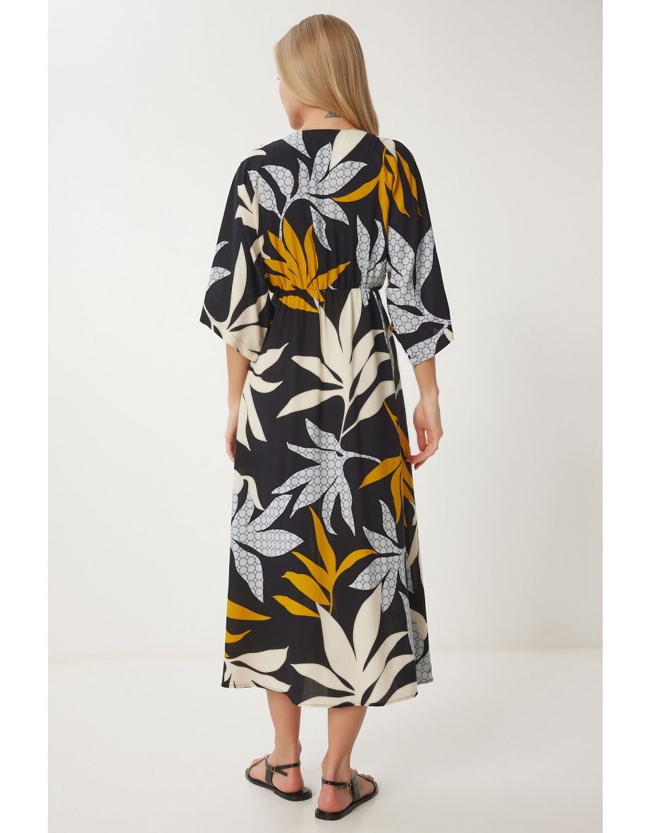 Women's Black Mustard Wrap Collar Patterned Summer Viscose Dress - 6