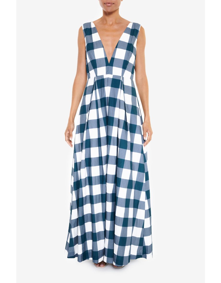 Louise Petrol Blue Check Plunging Back Maxi-Dress