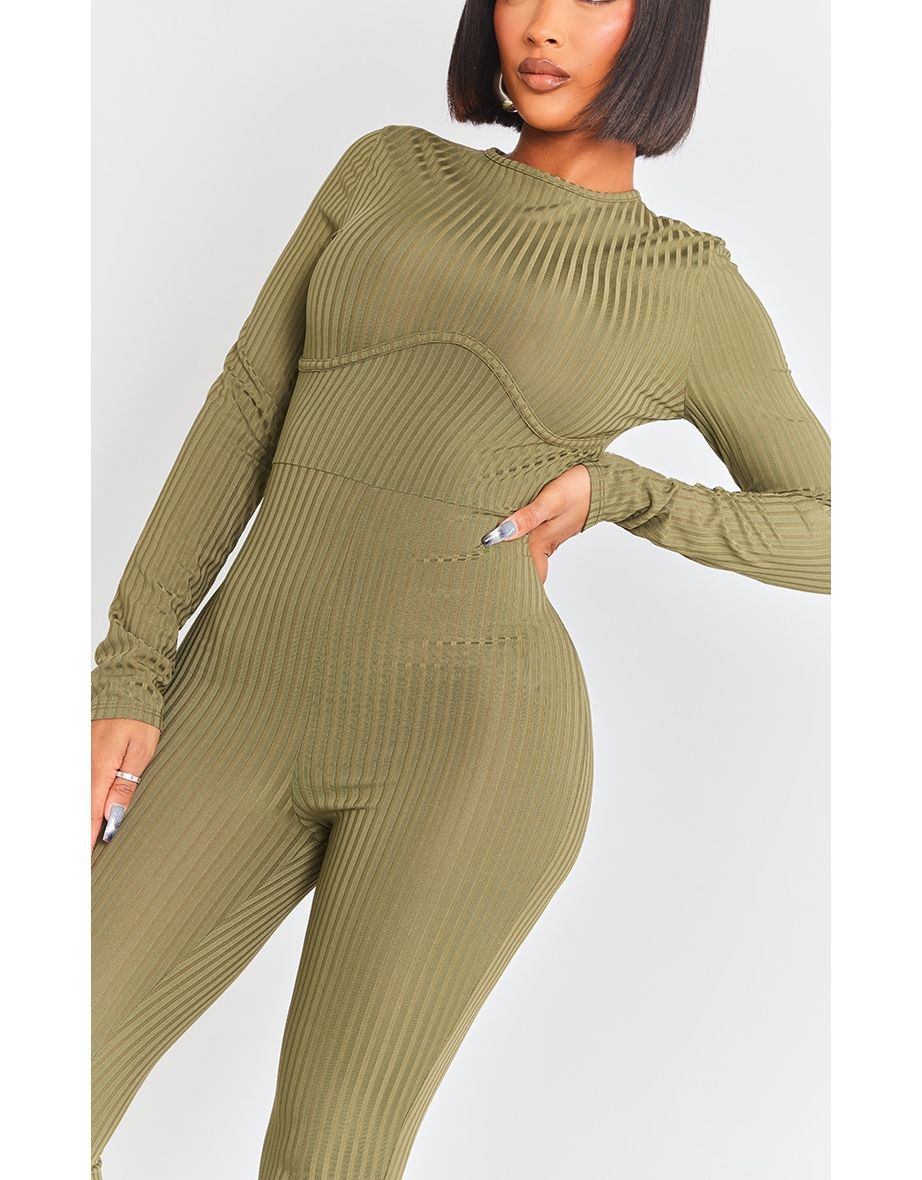 Shape Khaki Rib Underbust Detail Long Sleeve Jumpsuit - 3