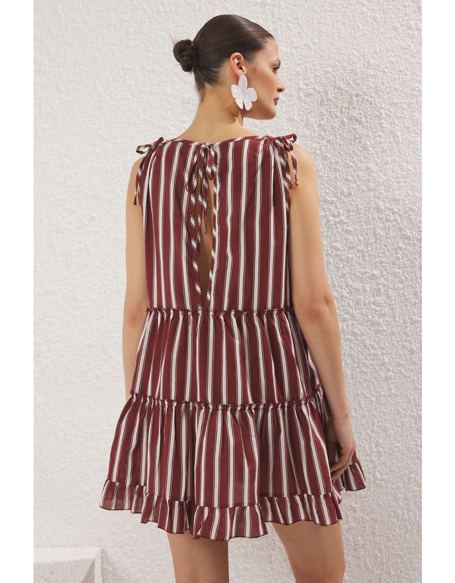 Multi-Colored Striped Wide Pattern Mini Woven Ruffle 100% Cotton Beach Dress - 3