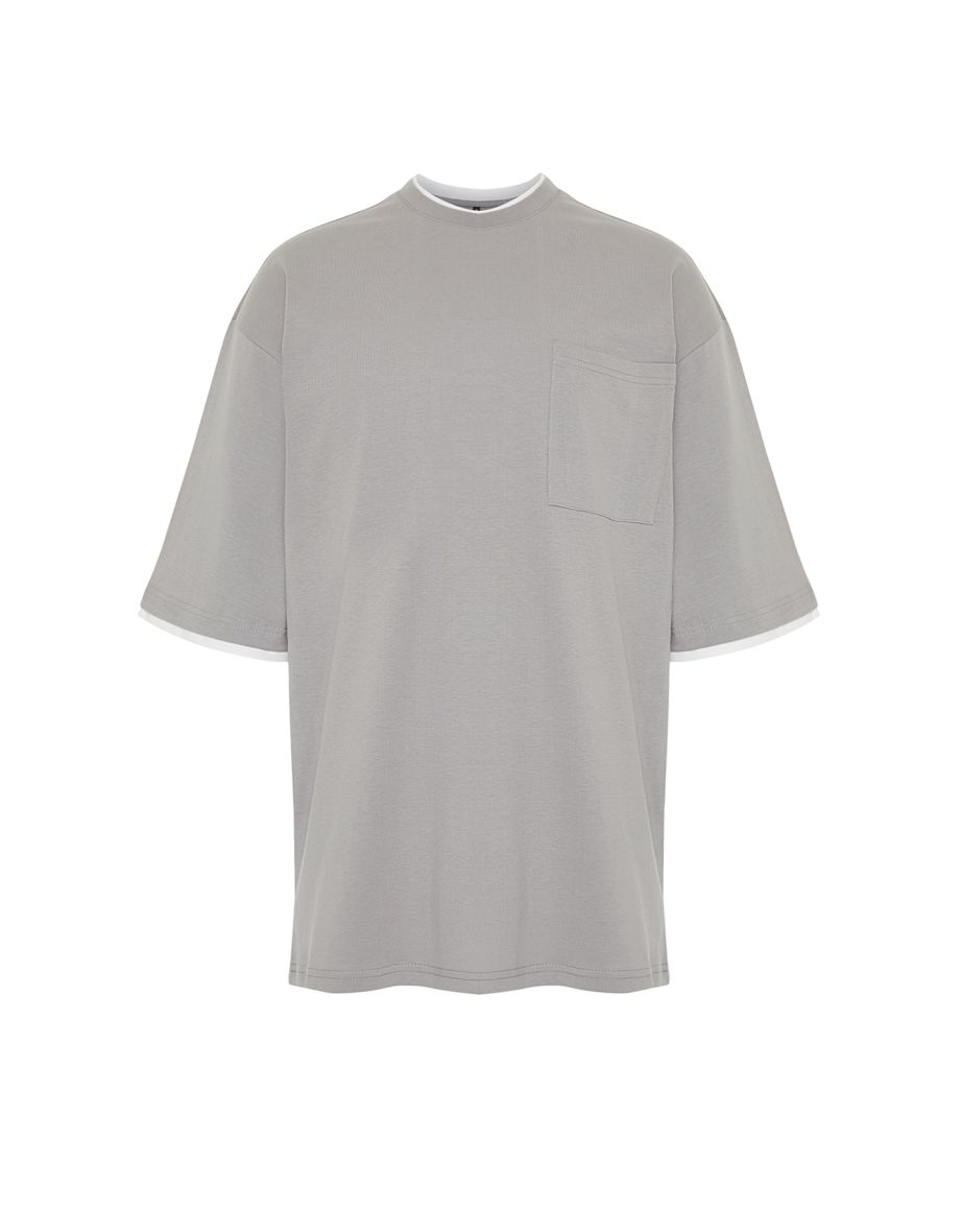 Men's Gray Oversize Pocket Piece Detailed 100% Cotton T-Shirt