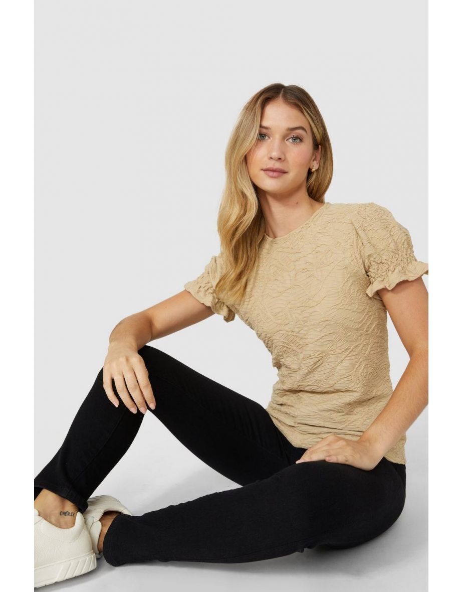 Textured Shirred Cuff Tshirt - stone