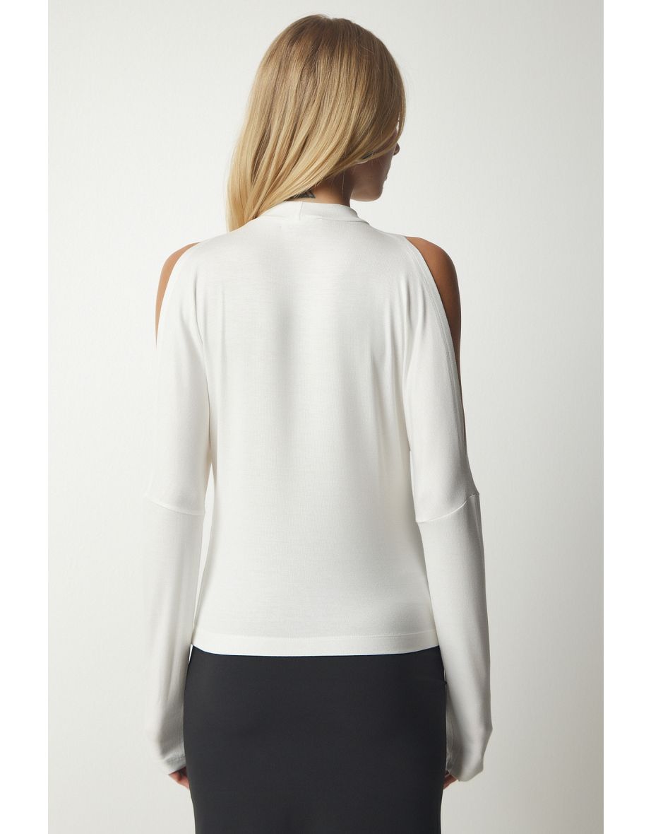Women's Ecru Stand-Up Collar Knitwear Blouse with Decollete - 5