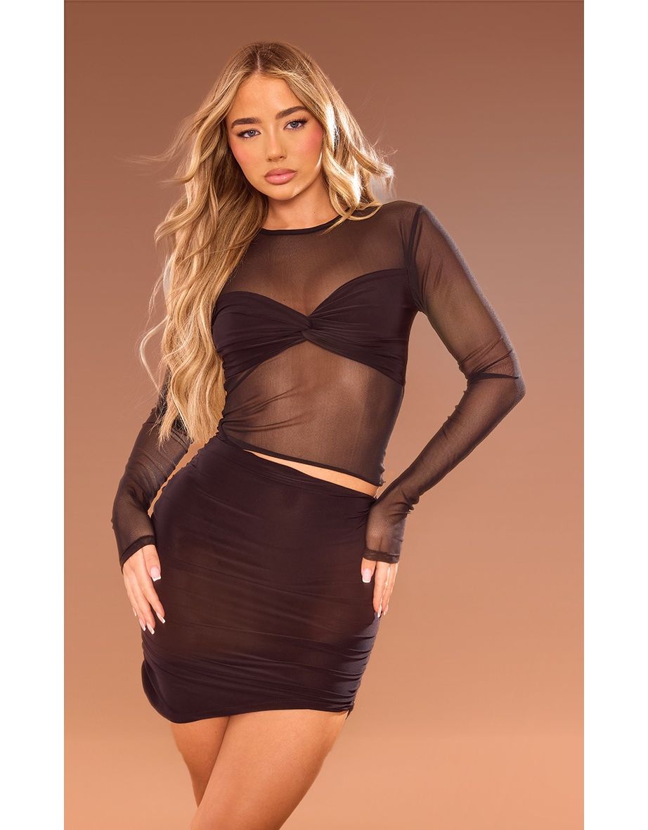Black Twist Front Mesh Panel Long Sleeve Mini Dress