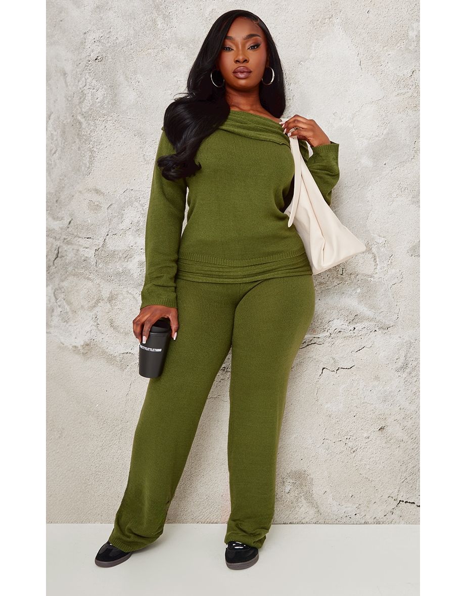 Plus Forest Green Knitted Wide Leg Trousers