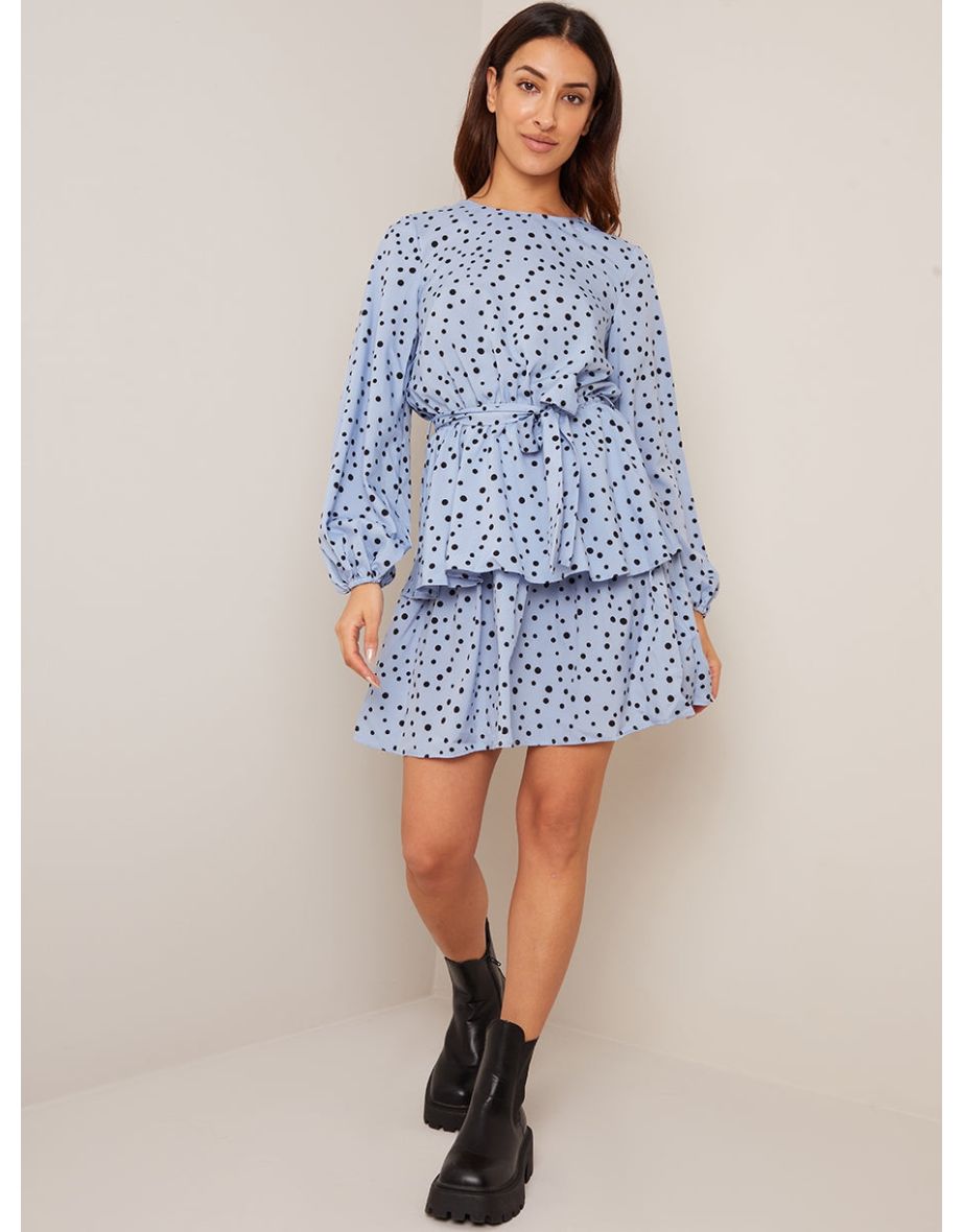 Long Sleeve Spot Print Mini Dress in Blue