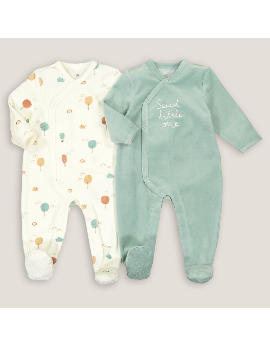 Pack of 2 Velour Sleepsuits in Cotton Mix, Prem