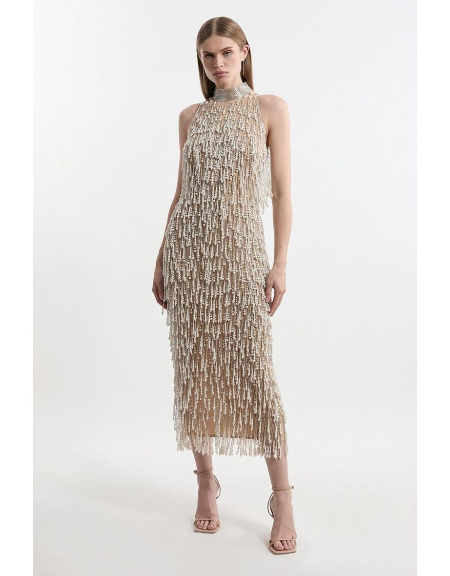 Pearl Tassel Embellished Halter Neck Woven Midi Dress