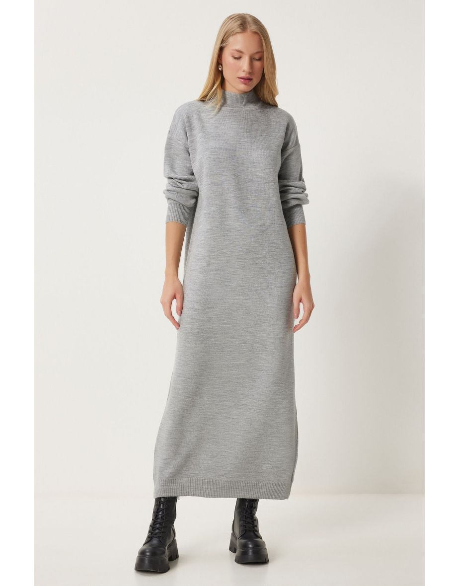 Women's Gray Melange Turtleneck Long Knit Dress