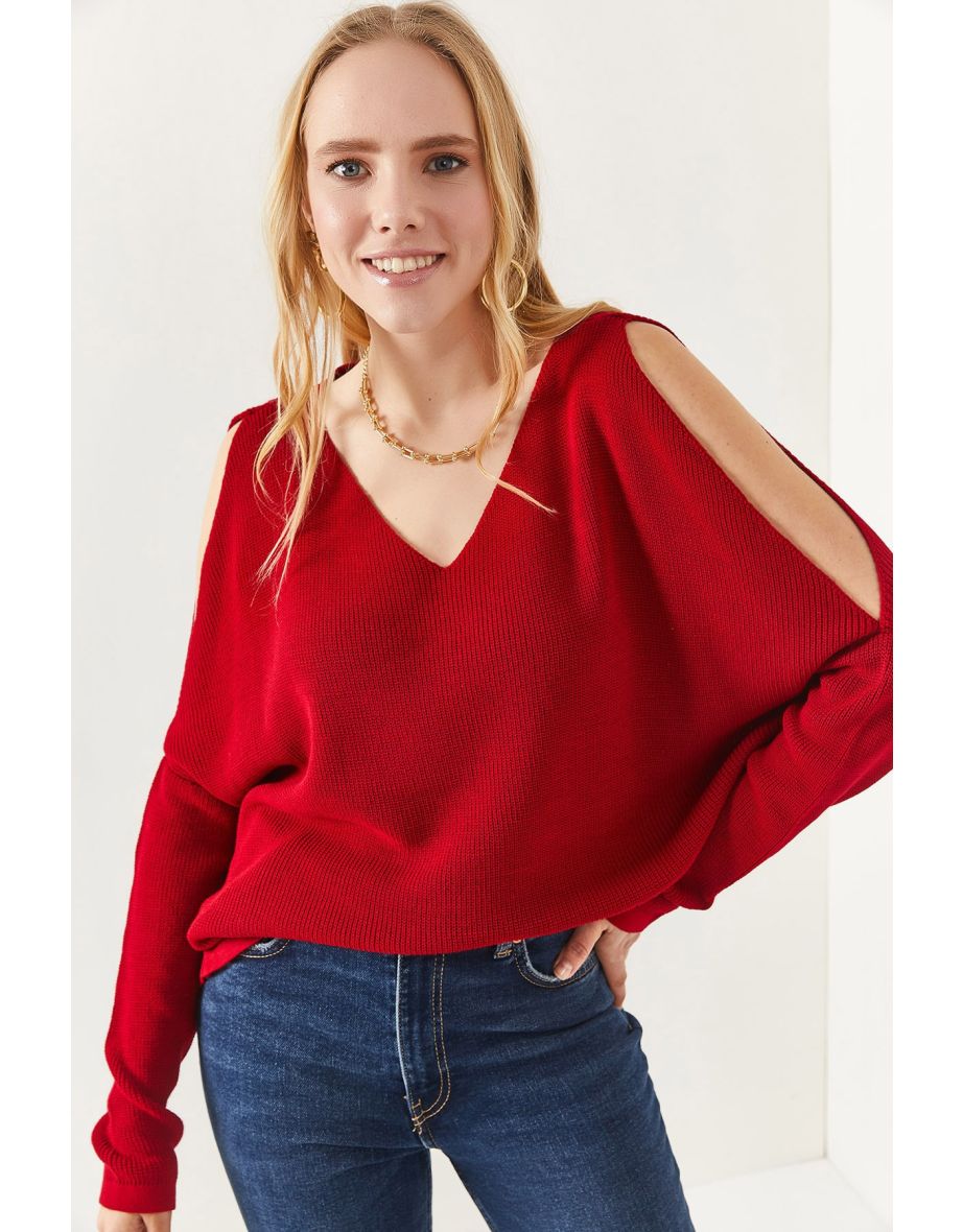 Women's Claret Red V-Neck Decollete Loose Knitwear Blouse