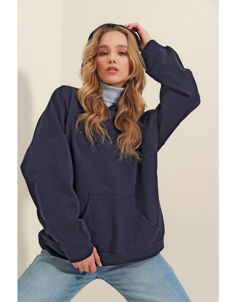 Shop Women s Navy Blue Hoodie with Kangaroo Pocket 3 Thread Thick Sweatshirt Online in Bahrain VogaCloset