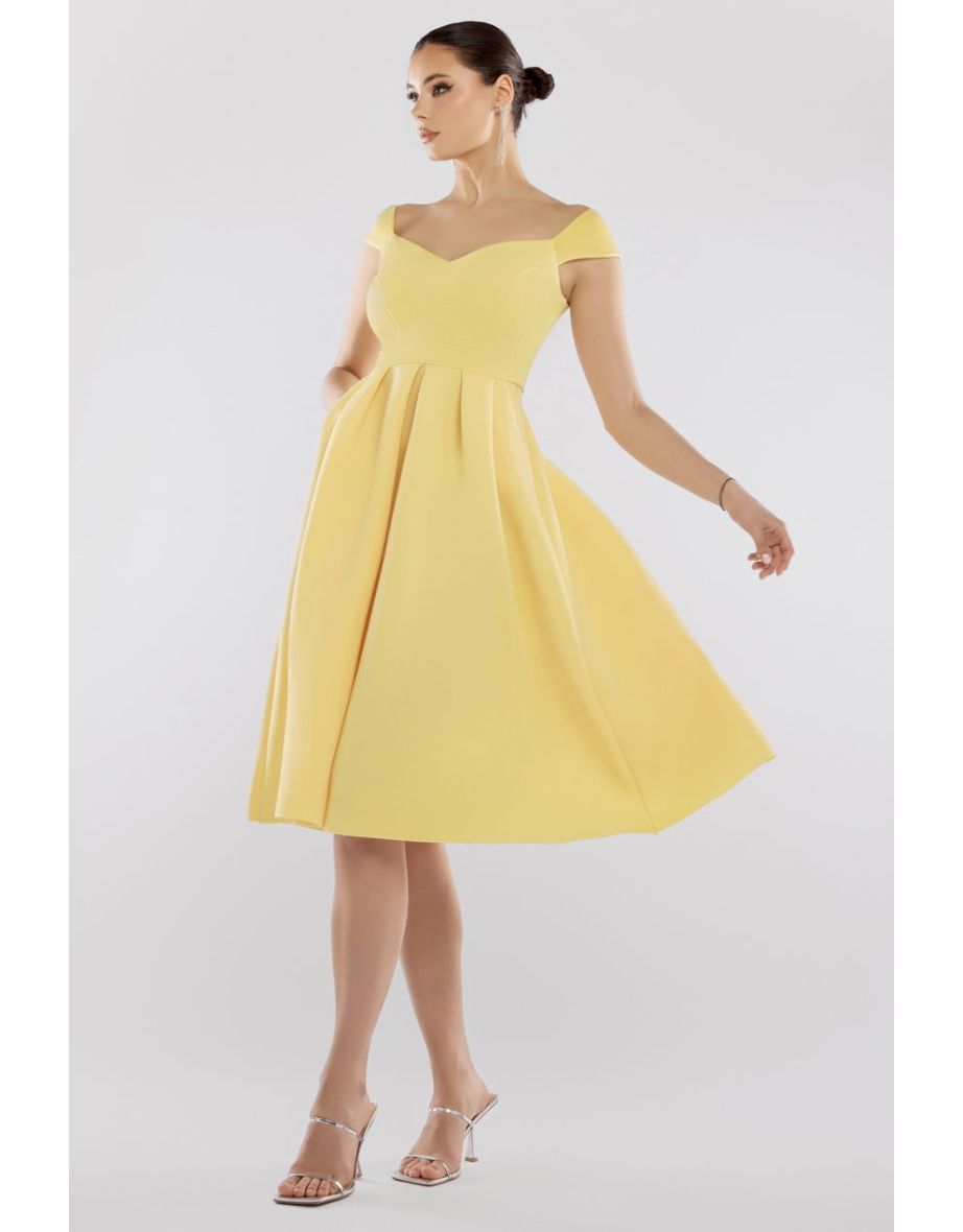 Goddiva Scuba Foam Skater Midi Dress - Lemon