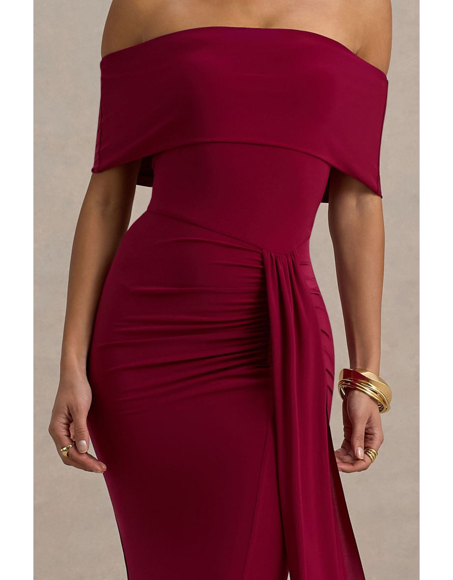 Delma | Burgundy Bardot Wrap Maxi Dress - 5