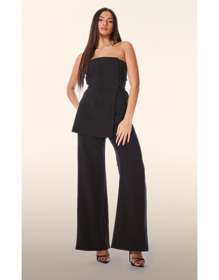 PLT Label Black Overlay Panel Lace Up Tailored Jumpsuit