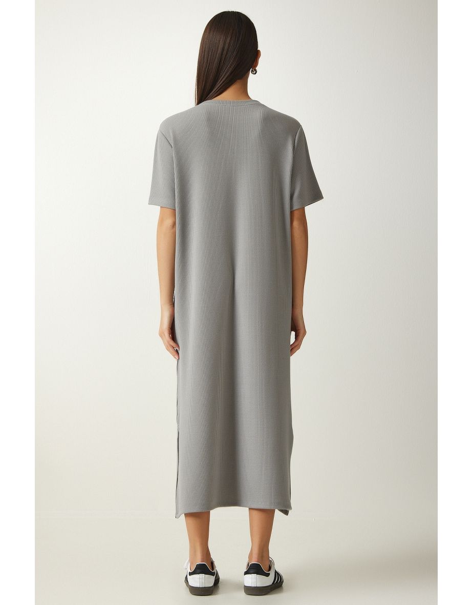 Women's Gray Crew Neck Knitted Ribbed Dress - 4