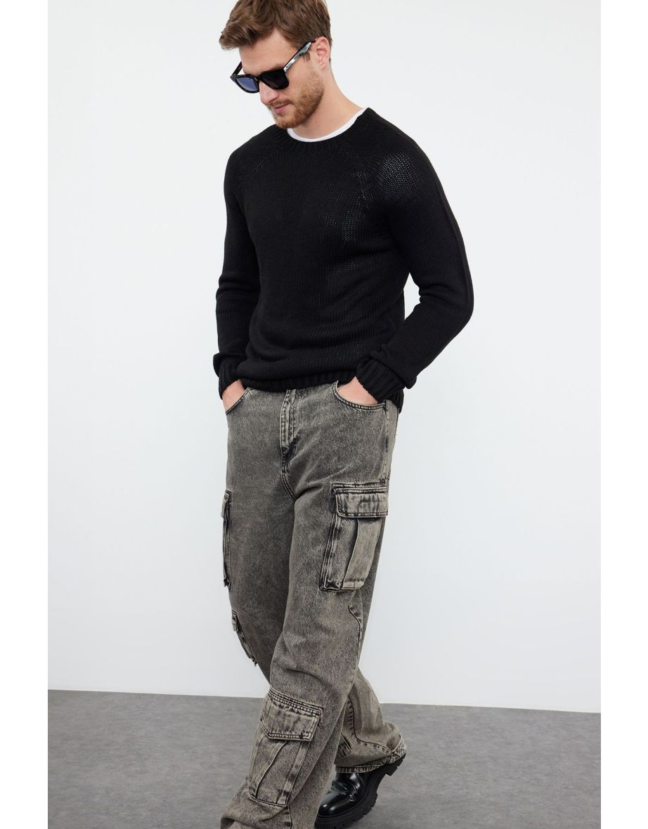 Black Men's Slim Fit Crew Neck Raglan Sleeve Seamless Basic Knitwear Sweater