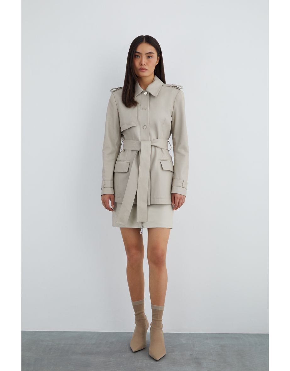 Beige Leather Jacket with Shoulder Epaulettes and Belt with Slit