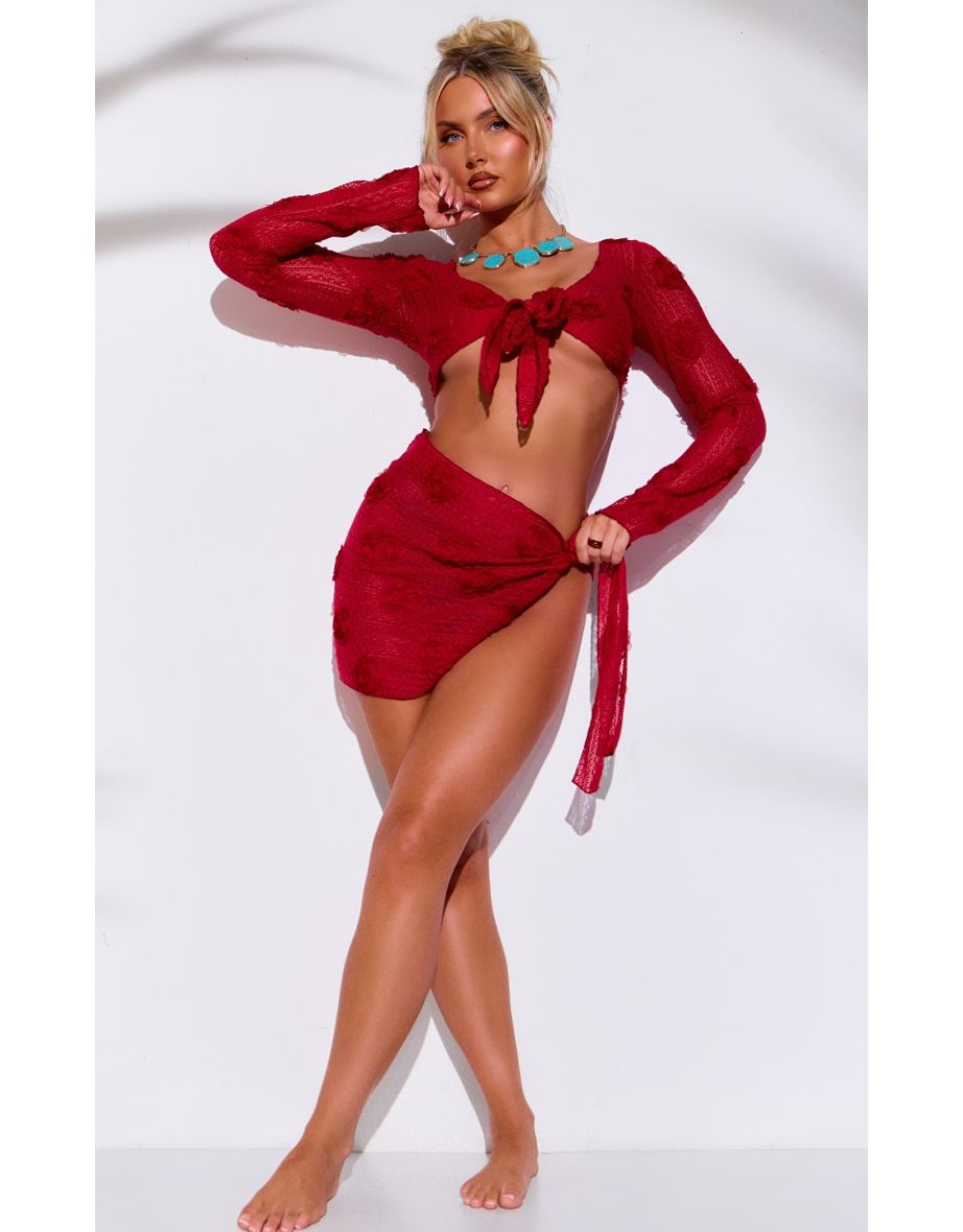 Red Textured Flower Trim Beach Sarong