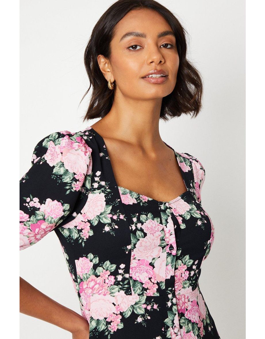 Black Floral Scoop Neck Shirt Dress - 3