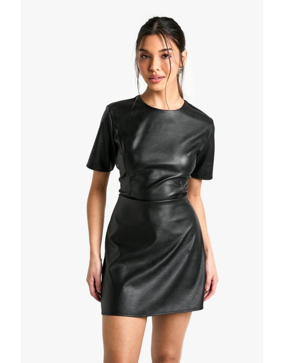Faux Leather T-shirt Mini Dress - black
