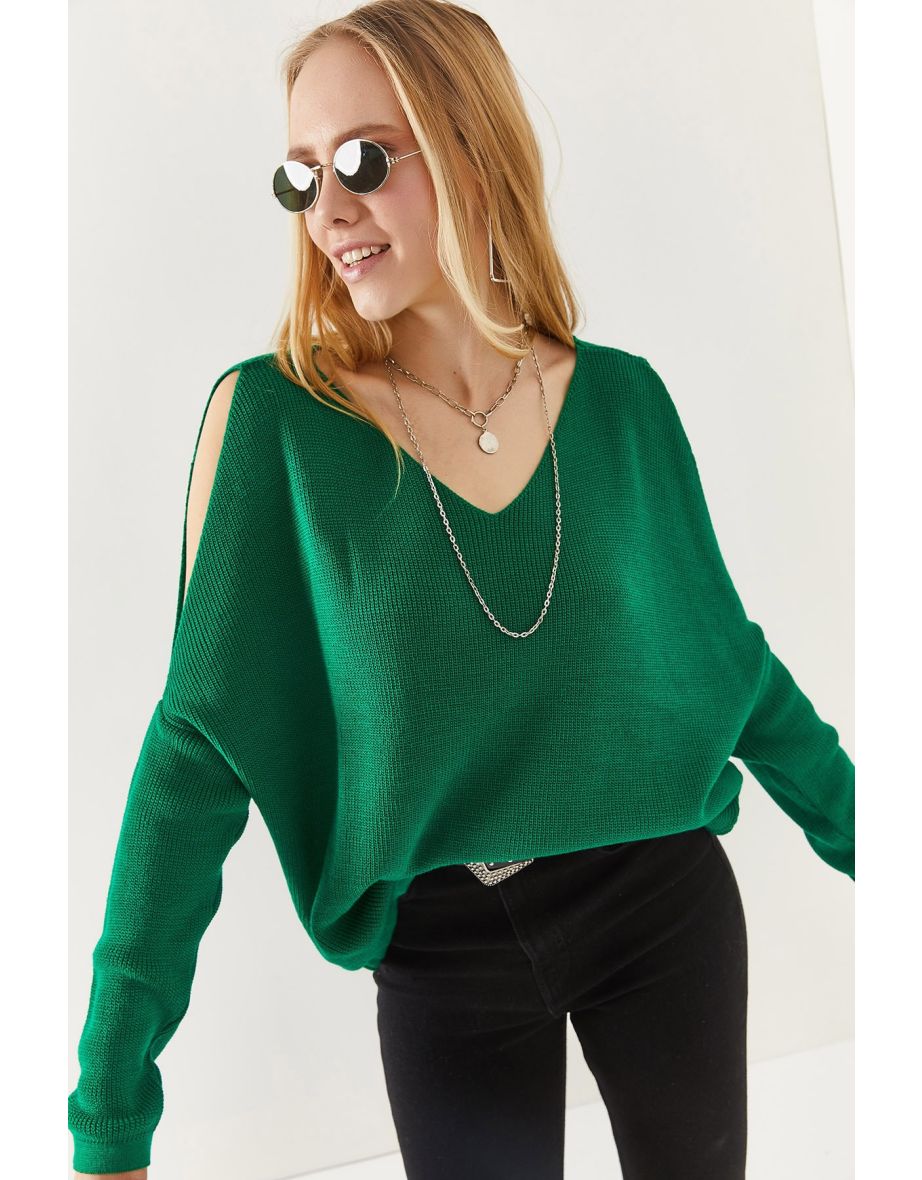 Women's Emerald Green V-Neck Decollete Loose Knitwear Blouse