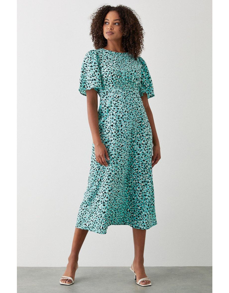 Green Animal Flutter Sleeve Shirred Waist Midi Dress