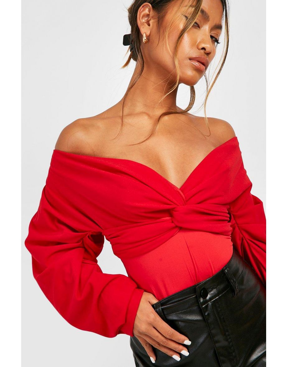Off The Shoulder Twist Detail Bodysuit - red