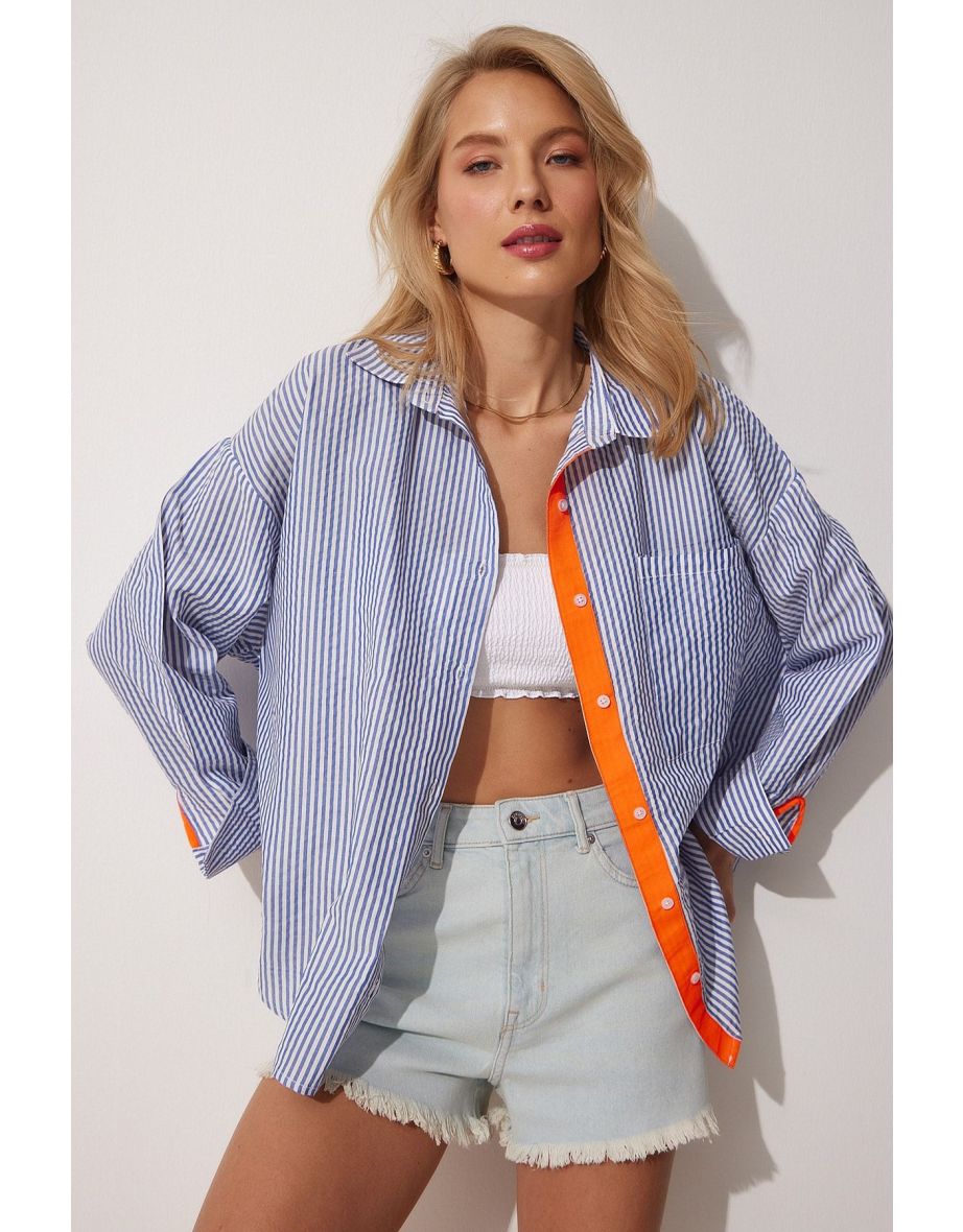 Women's Blue Orange Ribbon And Button Detailed Striped Oversize Shirt
