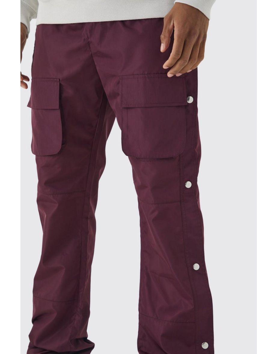 Elasticated Waist Slim Flare Stacked Cargo Trousers - burgundy - 2