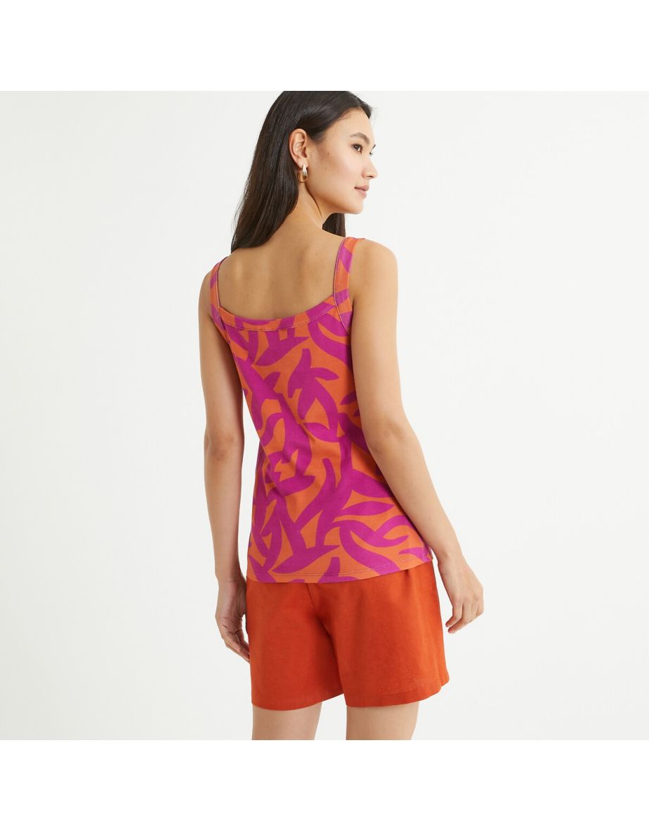Printed Cotton Vest Top with Square Neck and Shoestring Straps - 3