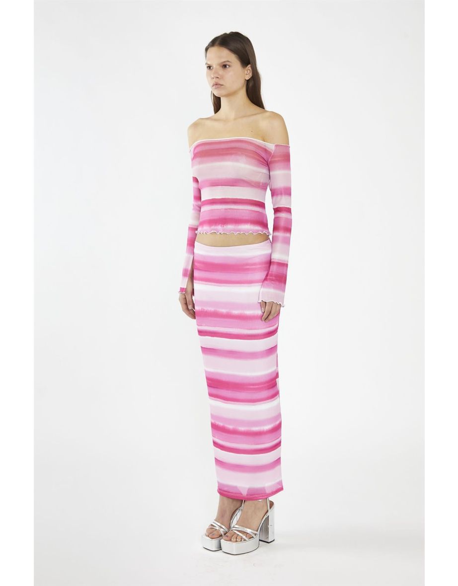 Pink Ombre-Stripe Mesh Column Maxi-Skirt - 3