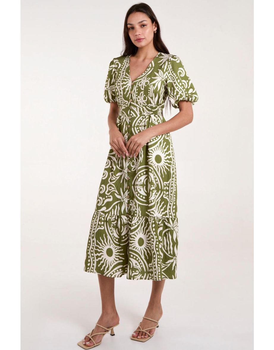 Printed Puff Sleeve Shirred Waist Midi Dress