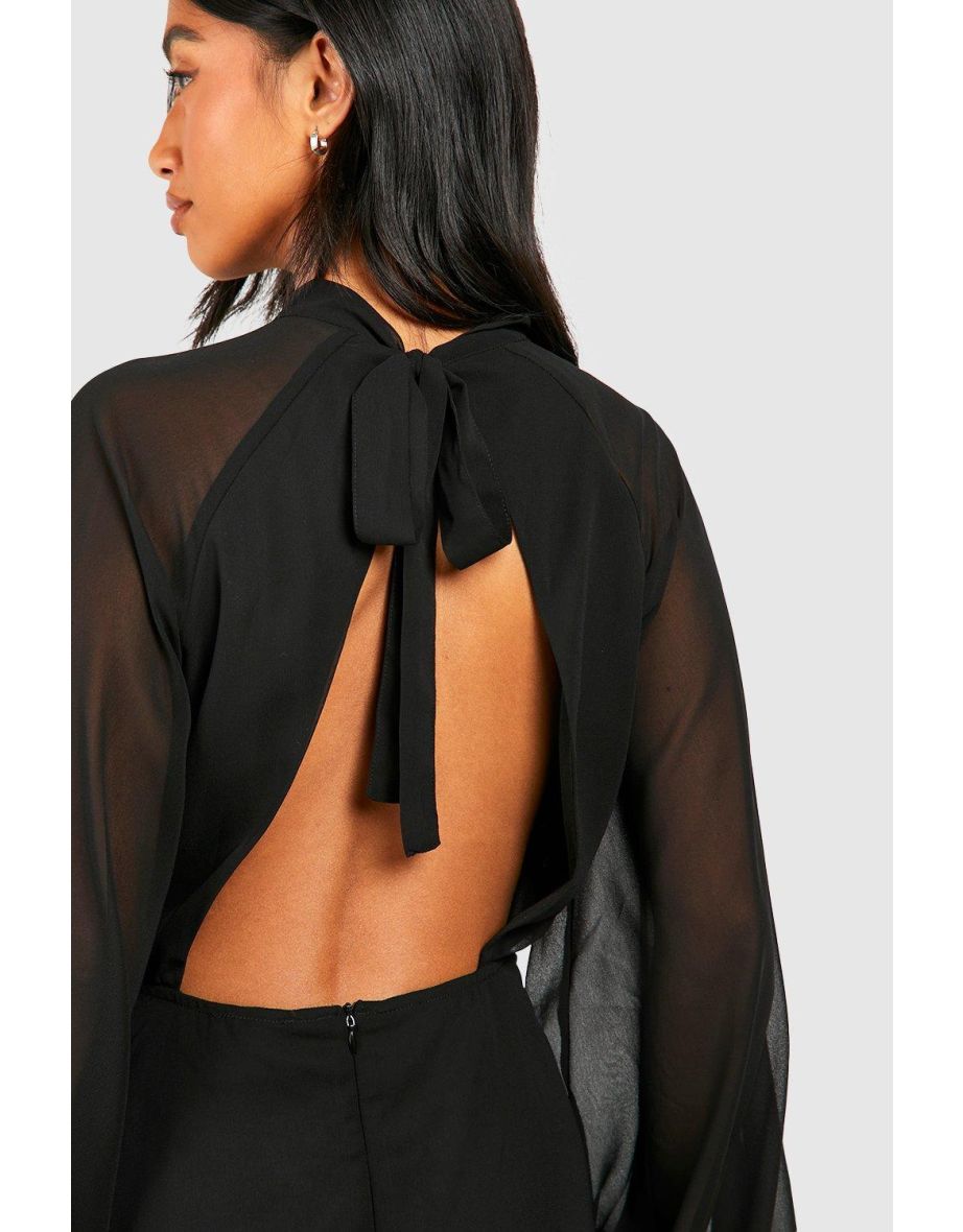 Petite High Neck Volume Sleeve Skater Dress - black - 3