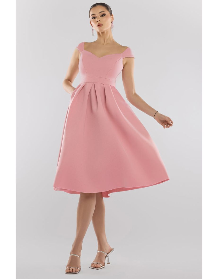 Goddiva Scuba Foam Skater Midi Dress - Blush Pink