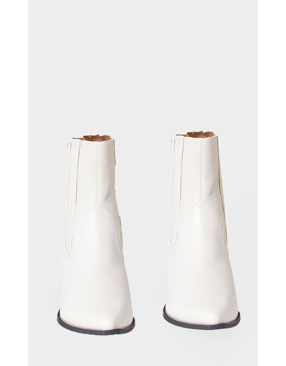 White Croc PU Point Toe Low Block Heel Western Ankle Boots - 3