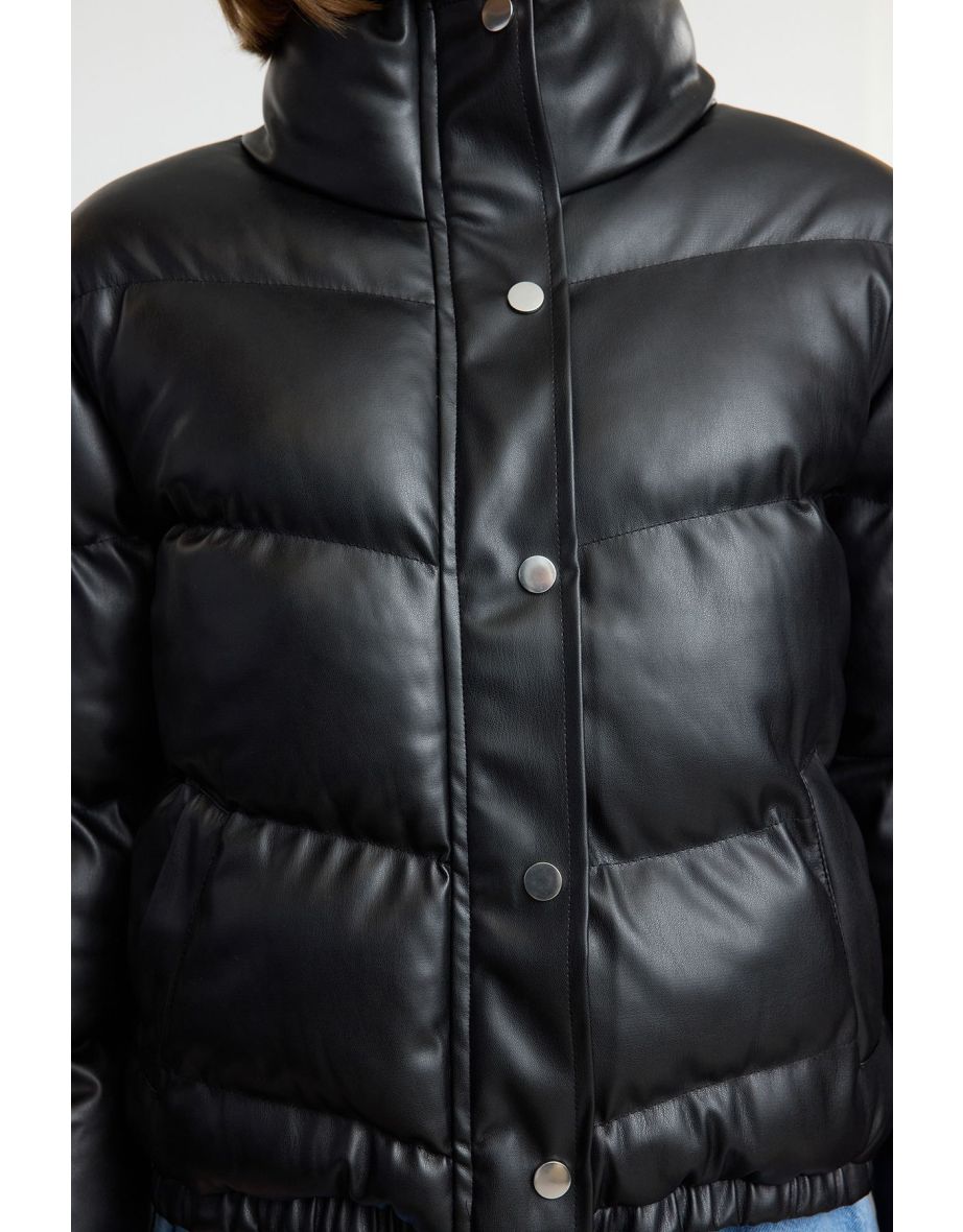 Black Oversize Faux Leather Puffer Jacket - 4