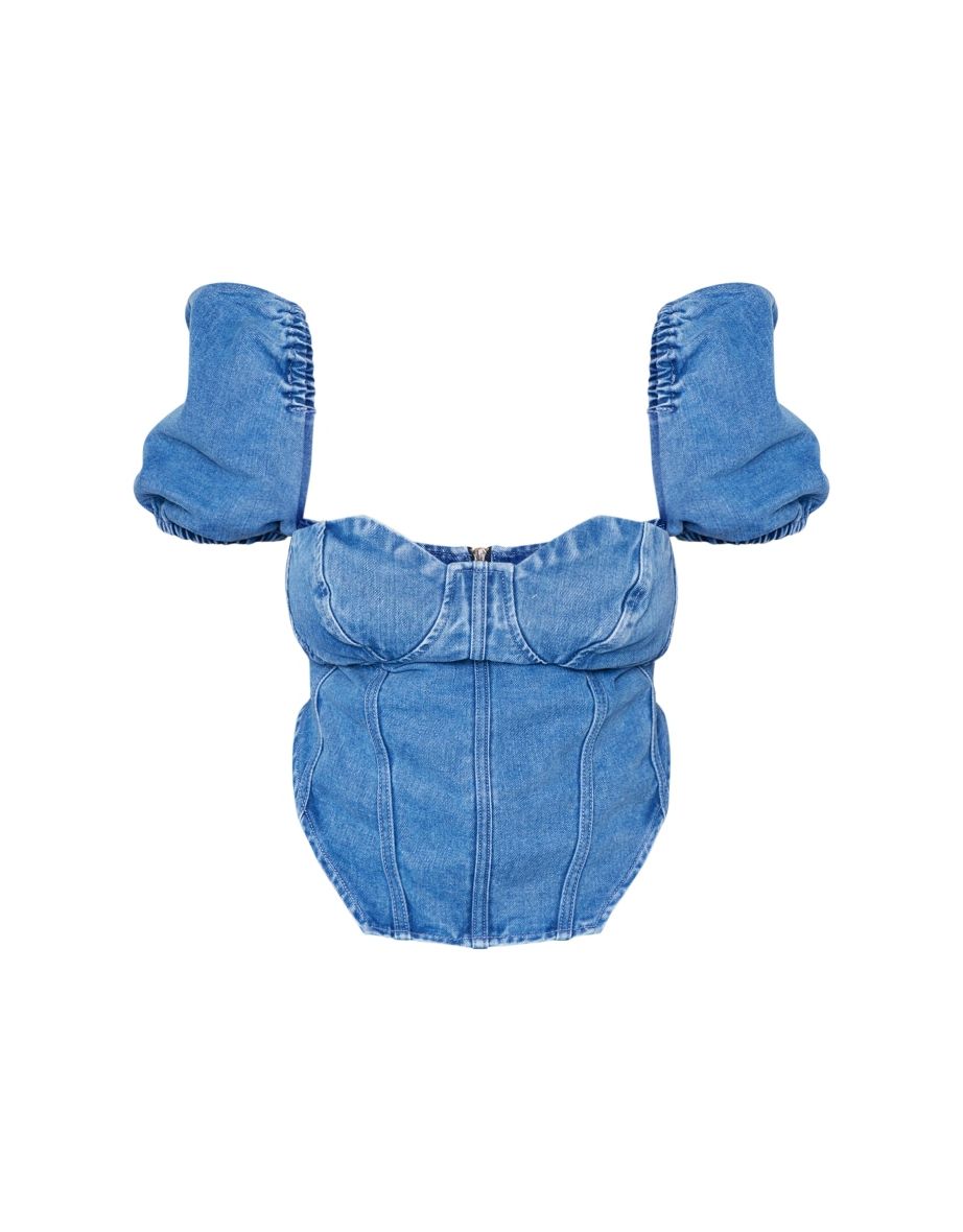 Plus Mid Blue Wash Puff Sleeve Denim Corset Top - 3