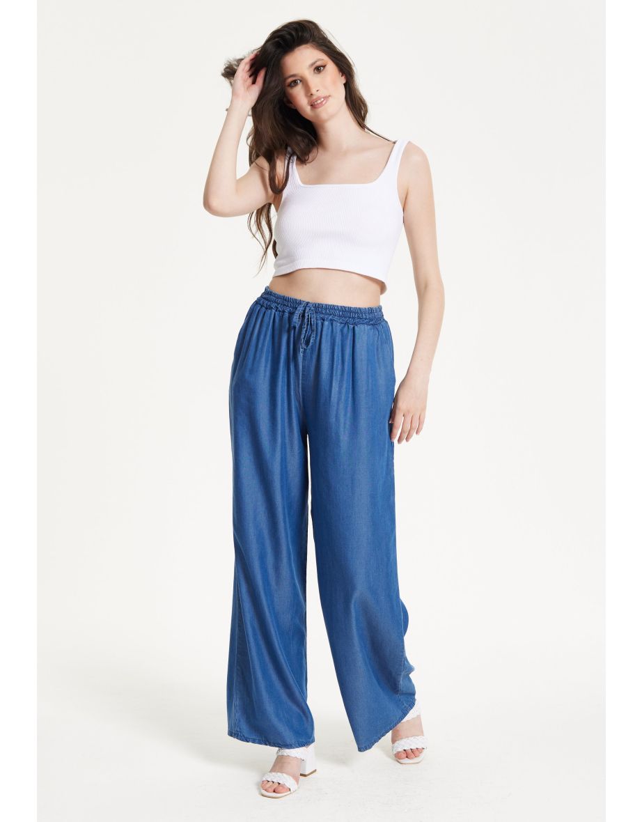 Blue Drawstring Wide Leg Trousers