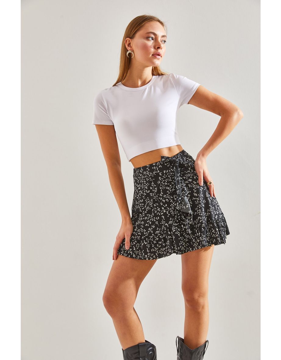 Women's Elastic Waist Patterned Mini Skirt - 5