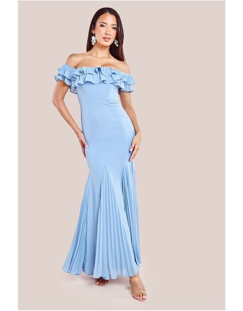 Goddiva Frilled Off The Shoulder Pleated Chiffon Maxi Dress