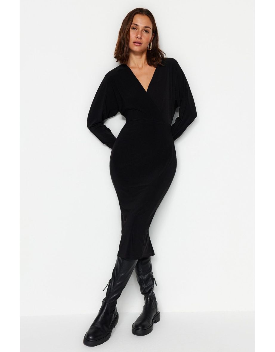 Black Column Midi Dress with Long Sleeves