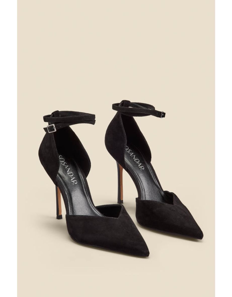 Black Suede Ankle Strap Pointed Toe Court Shoes